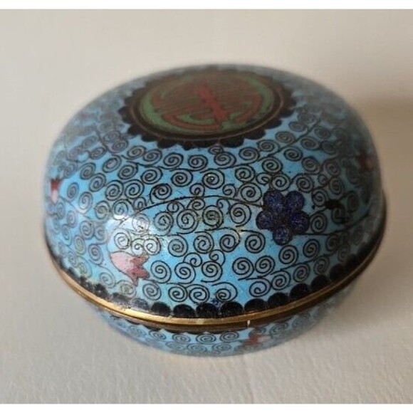Interesting antique Chinese enamelled silver round box with  Early 19th Century Cloisonné Seal Paste Box / Vintage Enamel Jewelry Trinket Box
